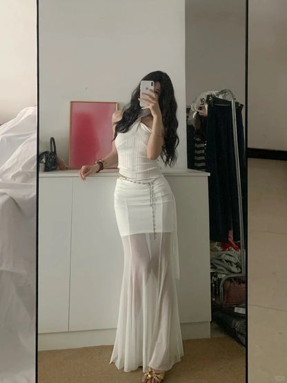 White Halter and White Mesh Skirt Y2K Two Pieces Sets