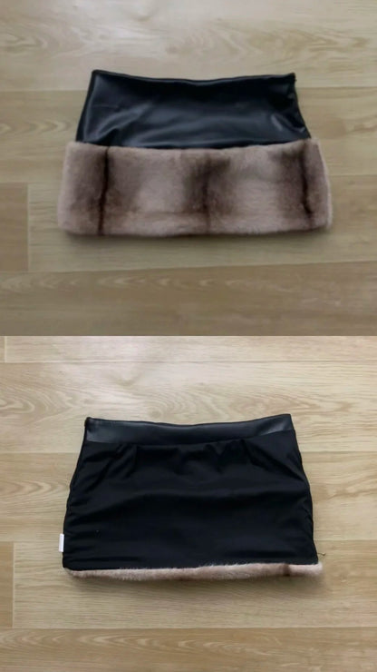 Brown Fur Jacket and Faux Leather Skirt Y2K Outfit