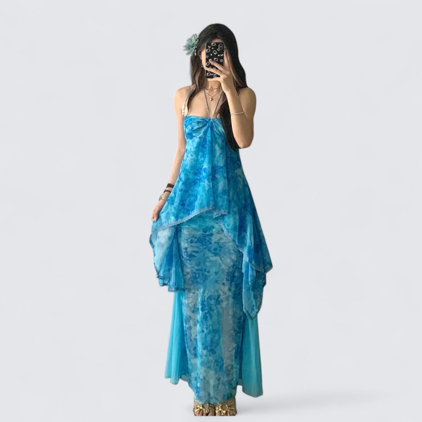 Blue Tie-Dye Halter Maxi Dress Y2K Midi Dress