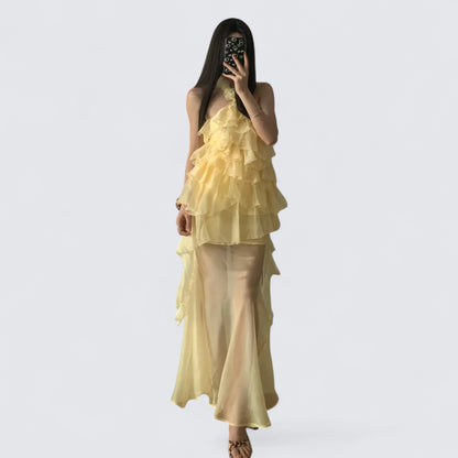 Light Yellow Halter Ruffle Maxi Dress Y2K Midi Dress