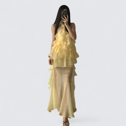 Light Yellow Halter Ruffle Maxi Dress Y2K Midi Dress