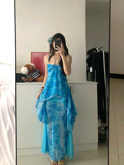 Blue Tie-Dye Halter Maxi Dress Y2K Midi Dress