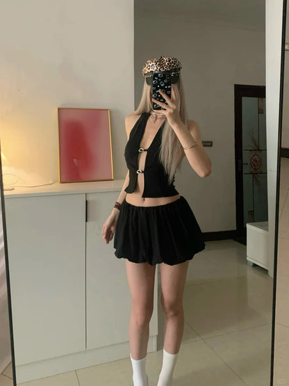 Black Halter Ring Detail Crop and Flared Shorts Y2K Two Pieces Sets