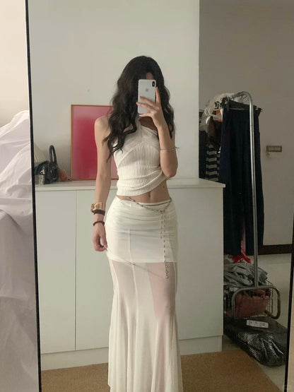 White Halter and White Mesh Skirt Y2K Two Pieces Sets