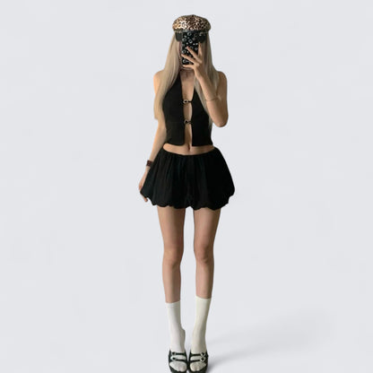 Black Halter Ring Detail Crop and Flared Shorts Y2K Two Pieces Sets