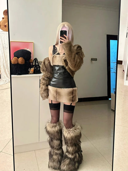 Brown Fur Jacket and Faux Leather Skirt Y2K Outfit