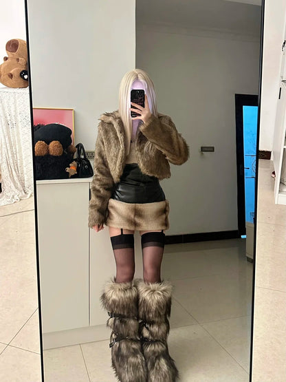 Brown Fur Jacket and Faux Leather Skirt Y2K Outfit