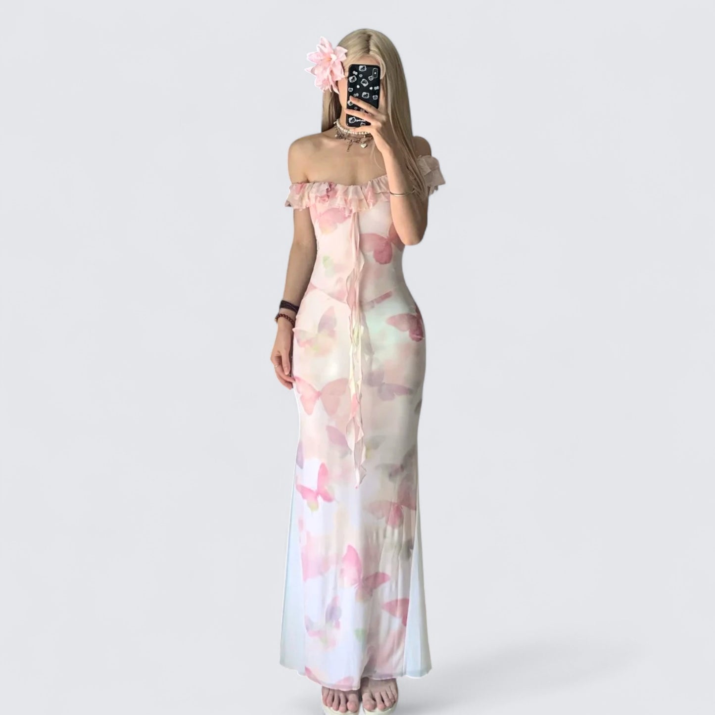 Pink Butterfly Off-Shoulder Maxi Dress Y2K Midi Dress