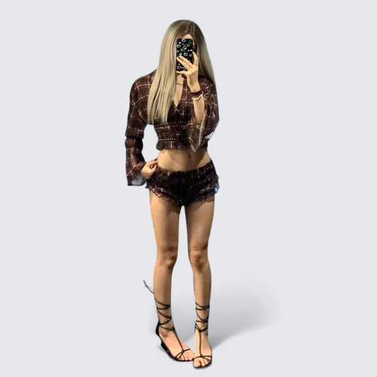 Brown Plaid Long Sleeve Crop Top and Matching Lace Trim Shorts Y2K Two Pieces Sets