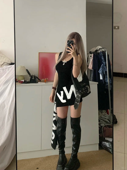 Black Letter Tank Mini Dress Y2K Mini Dress