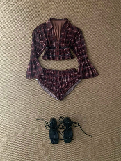 Brown Plaid Long Sleeve Crop Top and Matching Lace Trim Shorts Y2K Two Pieces Sets