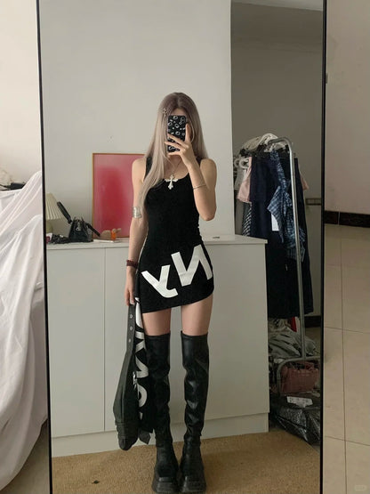 Black Letter Tank Mini Dress Y2K Mini Dress