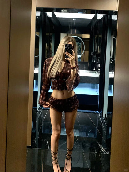 Brown Plaid Long Sleeve Crop Top and Matching Lace Trim Shorts Y2K Two Pieces Sets