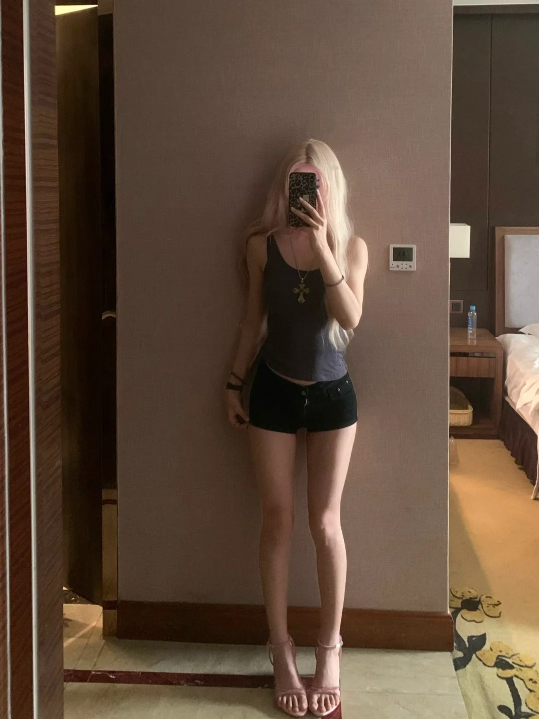 Dark Gray Cami Top and Black Denim Mini Shorts Y2K Two Piece Sets