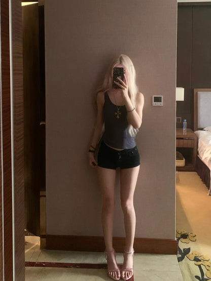 Dark Gray Cami Top and Black Denim Mini Shorts Y2K Two Piece Sets