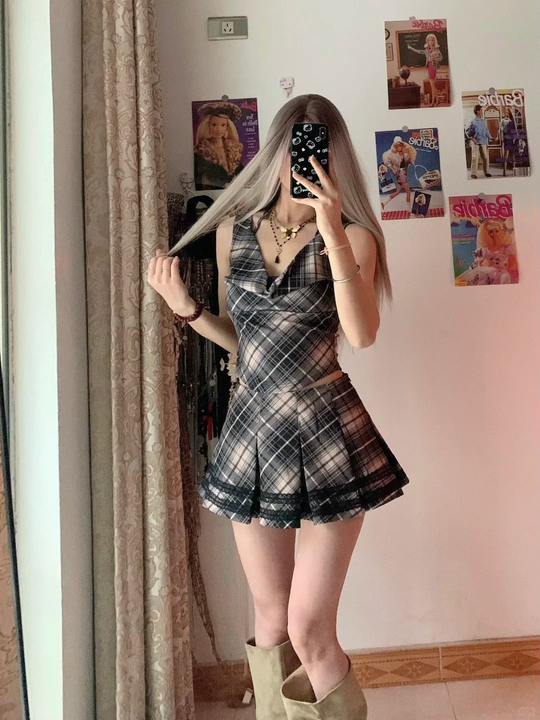 Black White Check Sleeveless Pleated Mini Dress Y2K Mini Dress