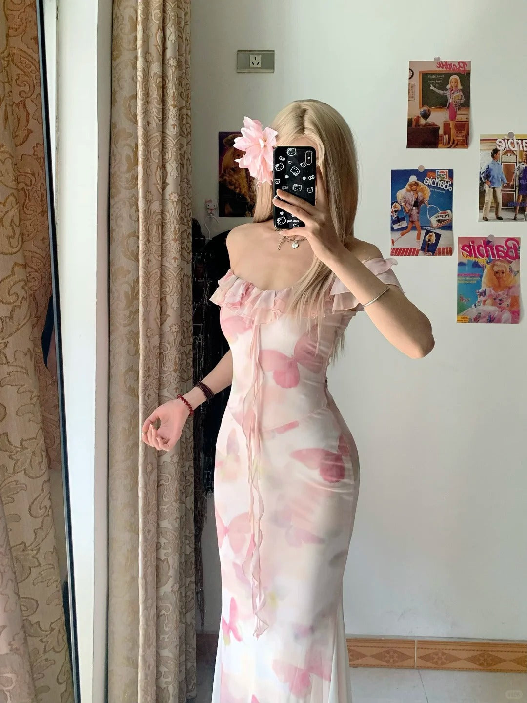 Pink Butterfly Off-Shoulder Maxi Dress Y2K Midi Dress