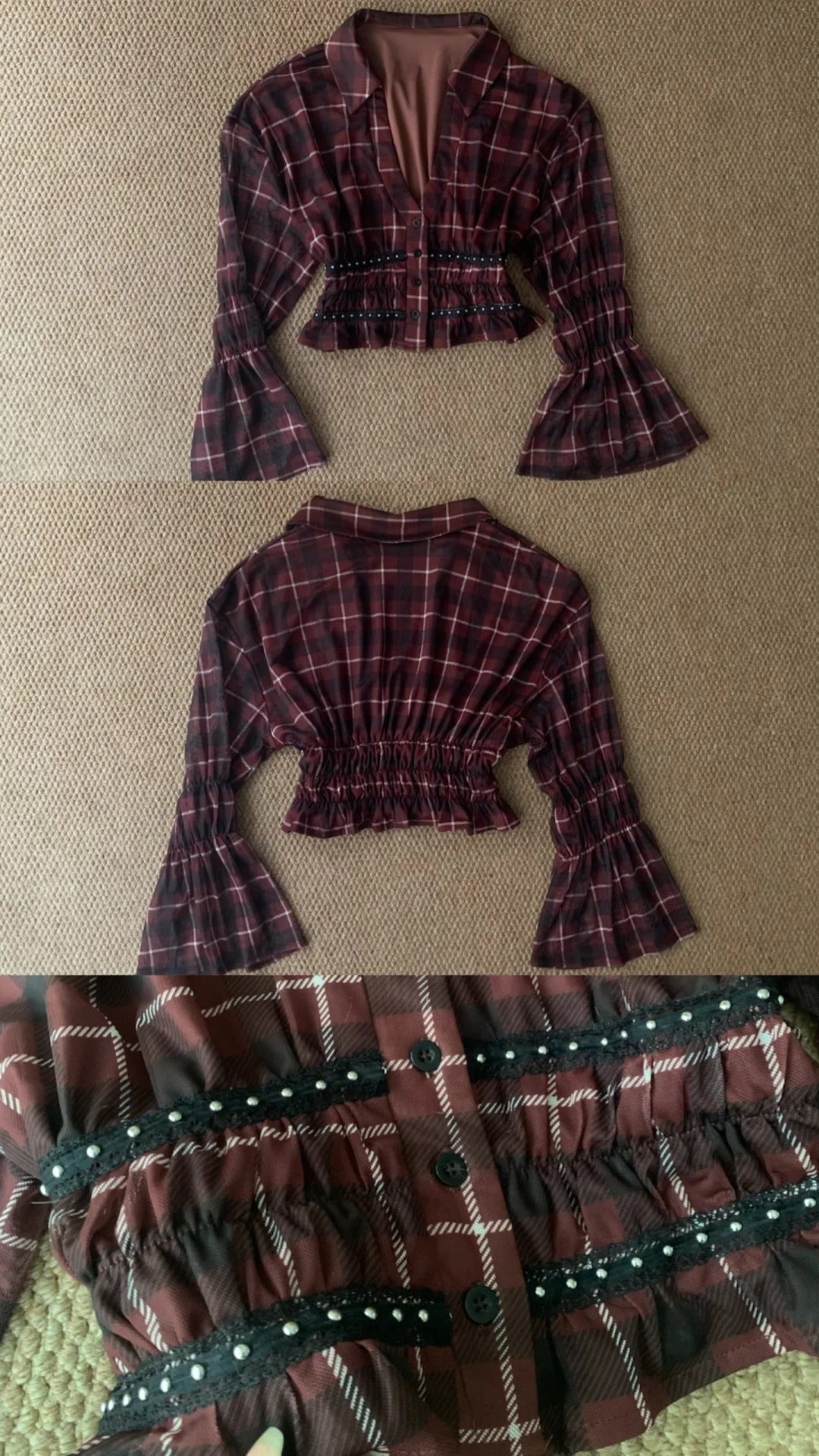 Brown Plaid Long Sleeve Crop Top and Matching Lace Trim Shorts Y2K Two Pieces Sets