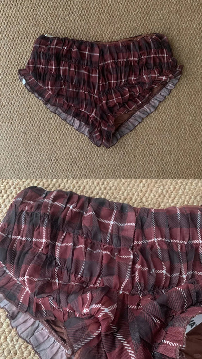 Brown Plaid Long Sleeve Crop Top and Matching Lace Trim Shorts Y2K Two Pieces Sets