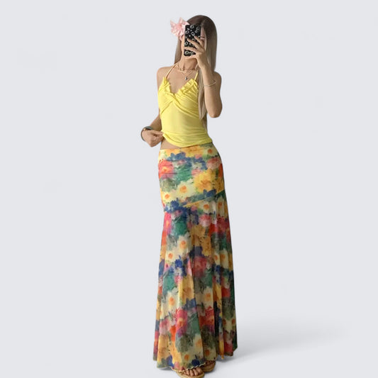 Yellow Halter Top and Floral Maxi Skirt Y2K Two Pieces Sets