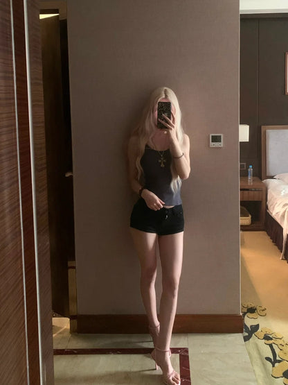 Dark Gray Cami Top and Black Denim Mini Shorts Y2K Two Piece Sets