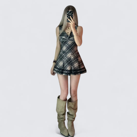 Black White Check Sleeveless Pleated Mini Dress Y2K Mini Dress