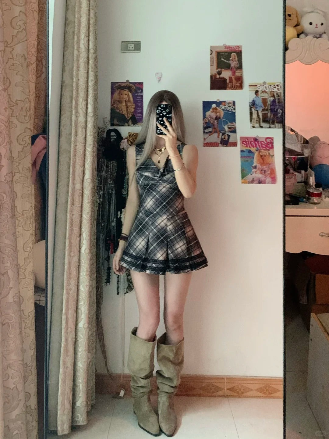 Black White Check Sleeveless Pleated Mini Dress Y2K Mini Dress