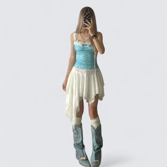 Blue Lace Cami and White Skirt Y2K Two Pieces Sets