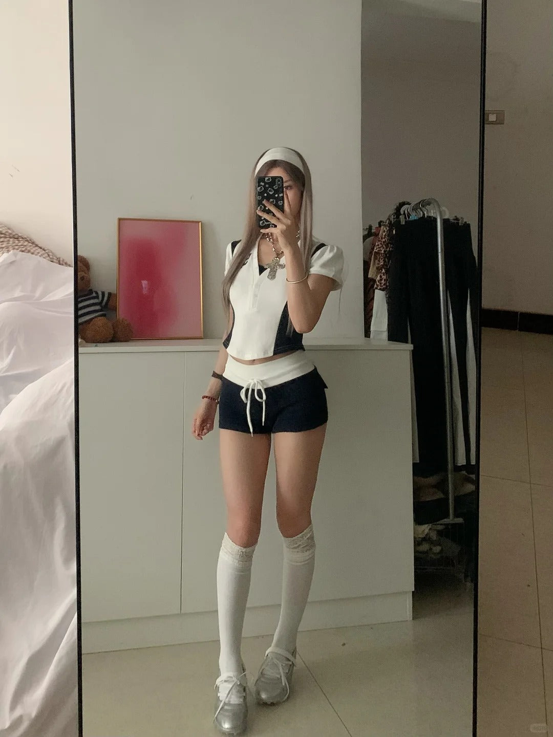 White Black Collar Crop and Colorblock Shorts Y2K Two Pieces Sets