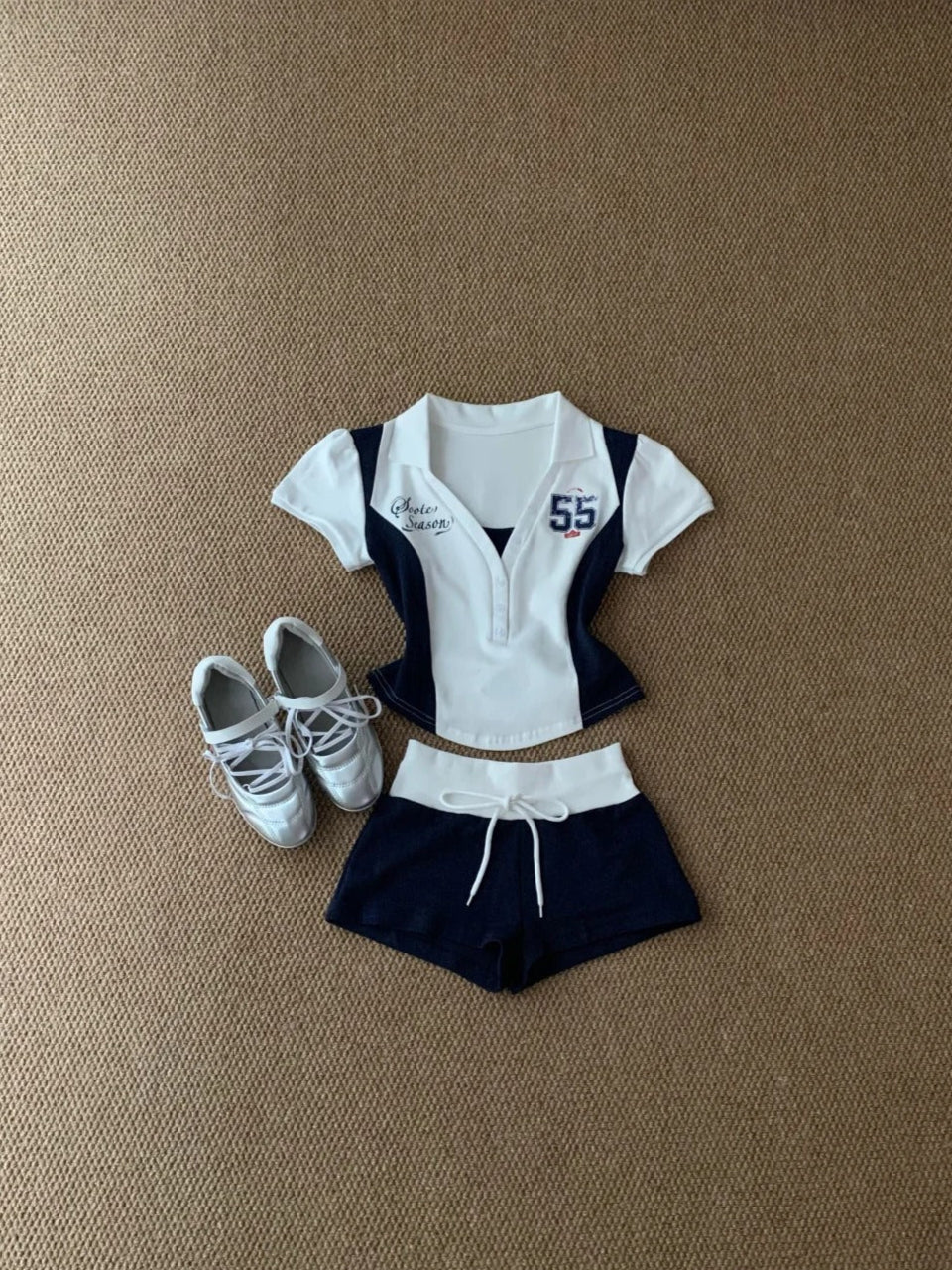 White Black Collar Crop and Colorblock Shorts Y2K Two Pieces Sets