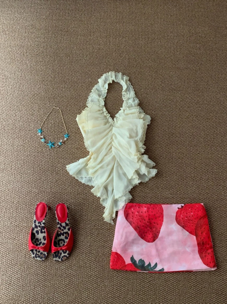Pastel Ruffle Halter Top and Strawberry Mini Skirt Y2K Two Pieces Sets
