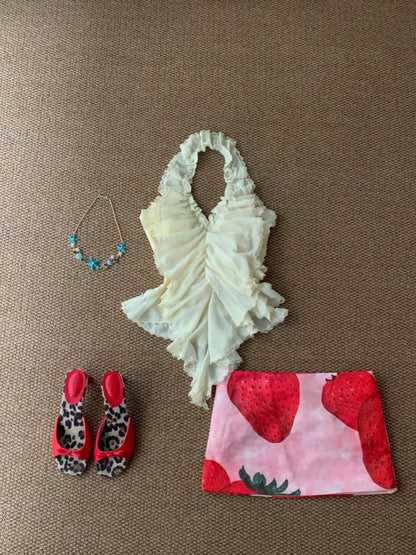 Pastel Ruffle Halter Top and Strawberry Mini Skirt Y2K Two Pieces Sets