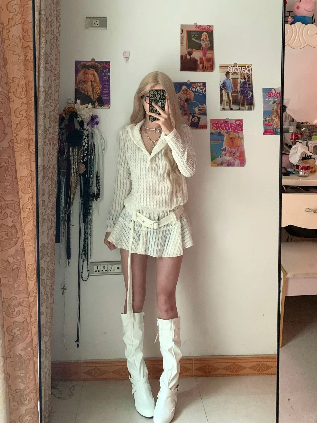 White Knit Hooded Top and Mini Skirt Y2K Two Piece Sets