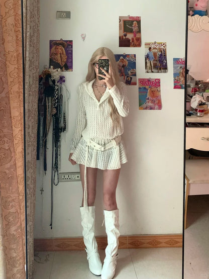White Knit Hooded Top and Mini Skirt Y2K Two Piece Sets