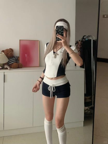 White Black Collar Crop and Colorblock Shorts Y2K Two Pieces Sets