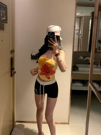 Floral Bustier and Black Shorts Y2K Two Pieces Sets