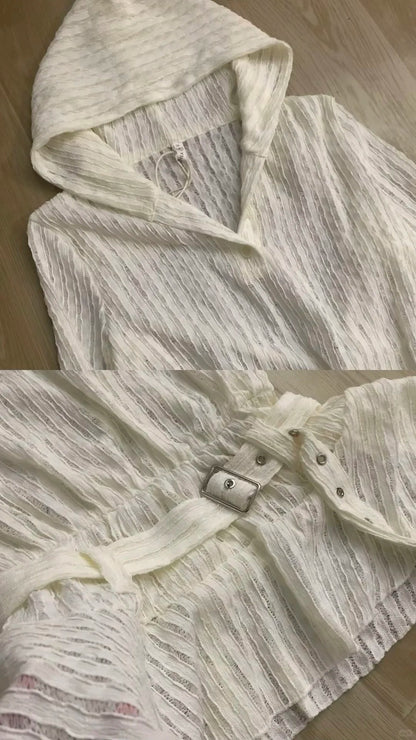 White Knit Hooded Top and Mini Skirt Y2K Two Piece Sets