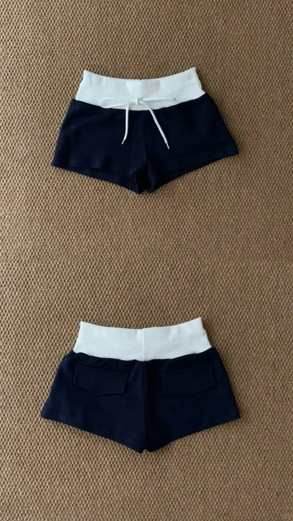 White Black Collar Crop and Colorblock Shorts Y2K Two Pieces Sets