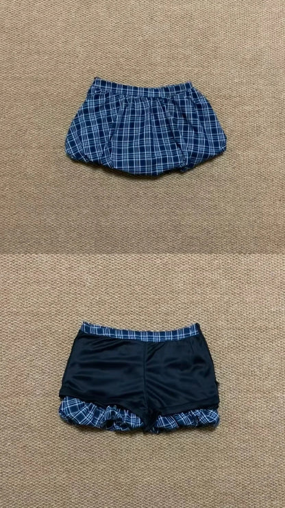 Blue White Check Sleeveless Playsuit Y2K Mini Dress