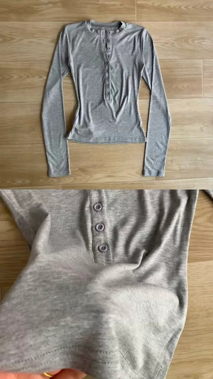 Grey Long Sleeve Button Crop and Silver Knit Shorts Y2K Two Pieces Sets