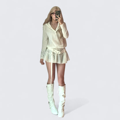 White Knit Hooded Top and Mini Skirt Y2K Two Piece Sets