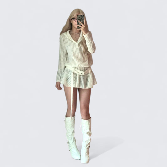 White Knit Hooded Top and Mini Skirt Y2K Two Piece Sets
