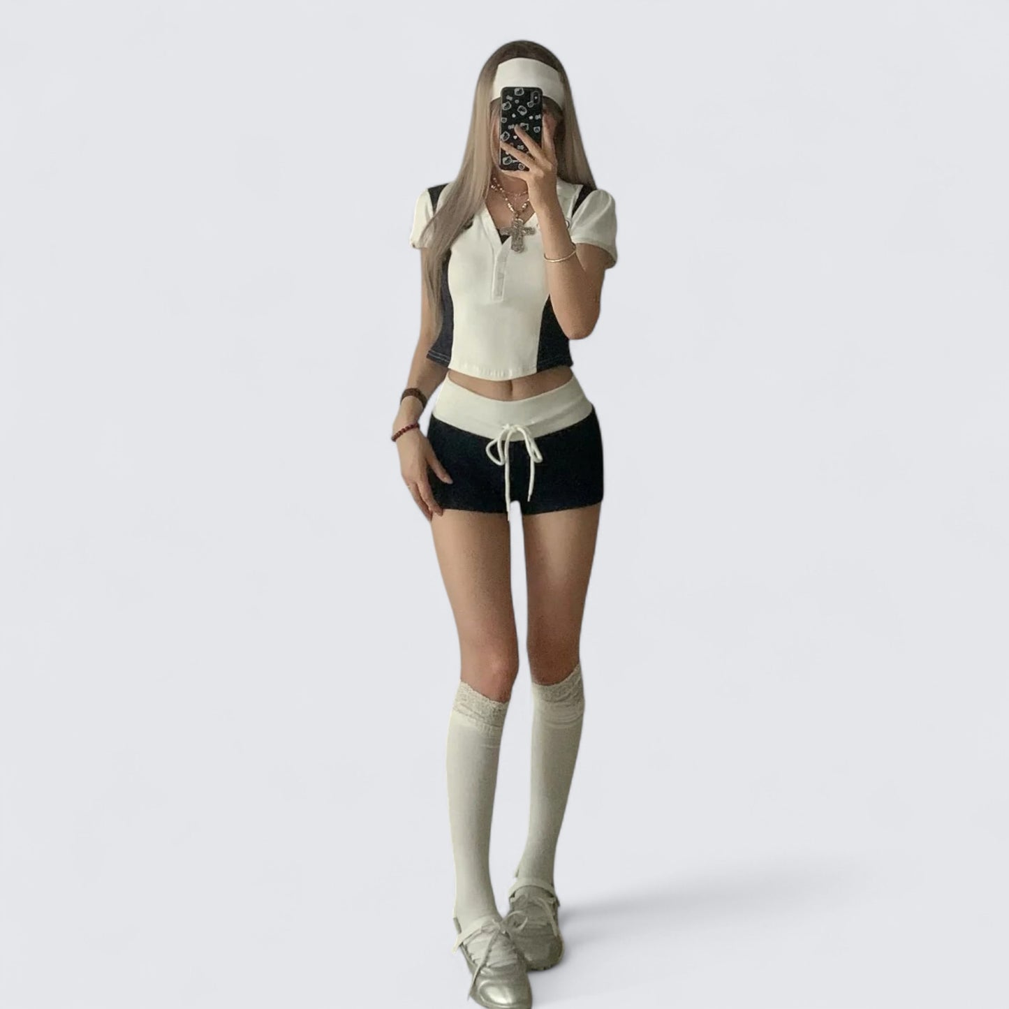 White Black Collar Crop and Colorblock Shorts Y2K Two Pieces Sets