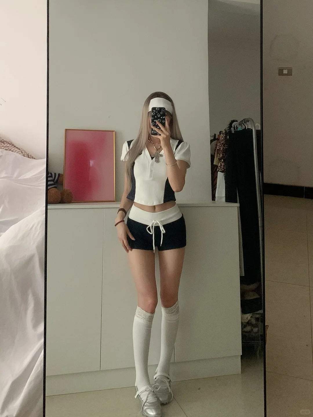 White Black Collar Crop and Colorblock Shorts Y2K Two Pieces Sets