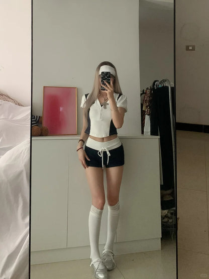 White Black Collar Crop and Colorblock Shorts Y2K Two Pieces Sets
