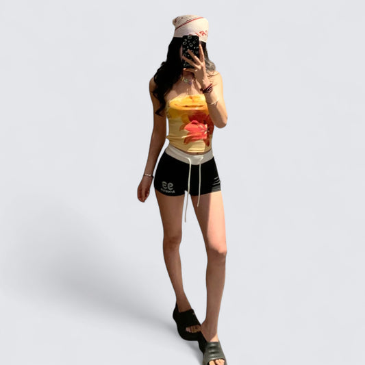 Floral Bustier and Black Shorts Y2K Two Pieces Sets