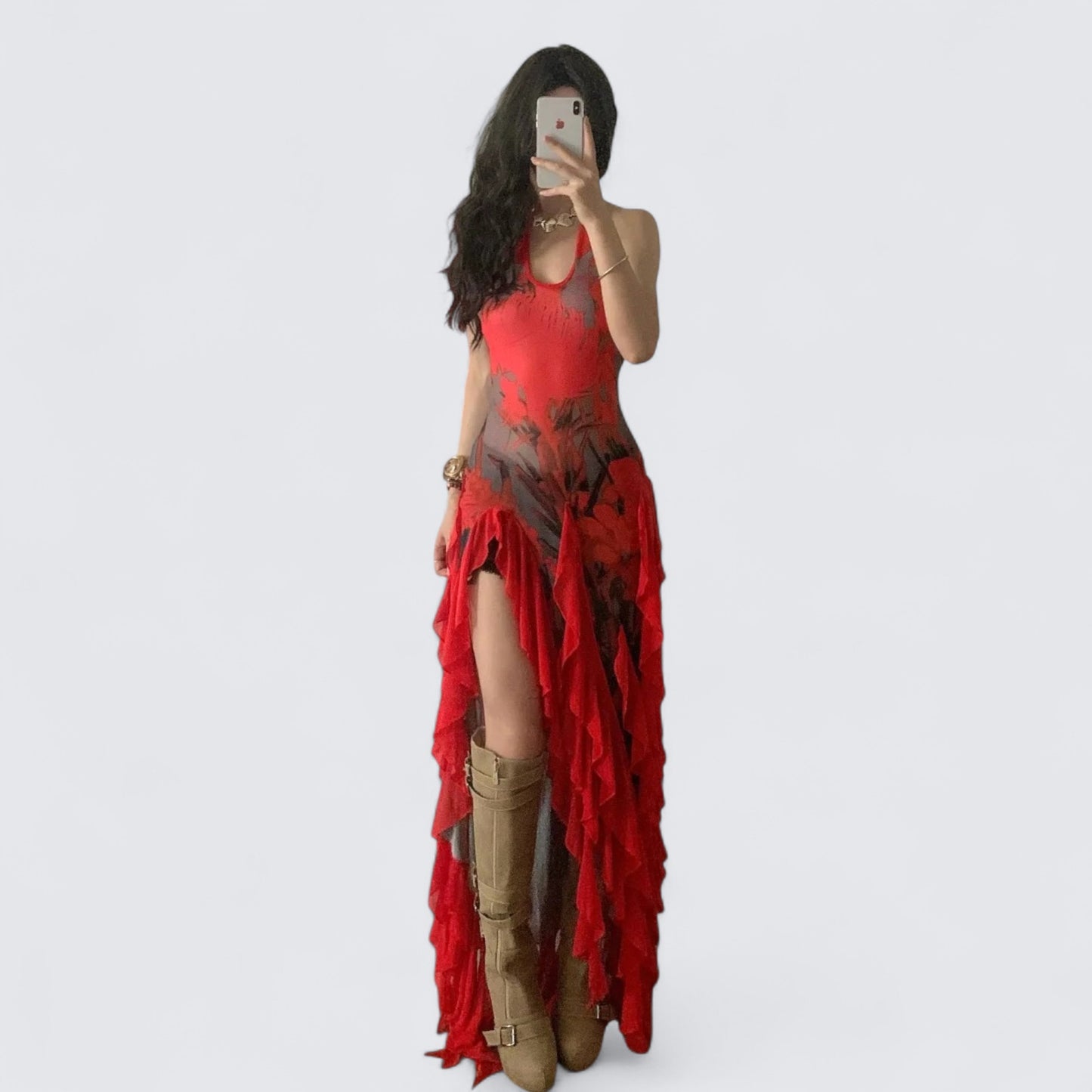 Red Floral Ruffle Midi Dress Y2K Midi Dress