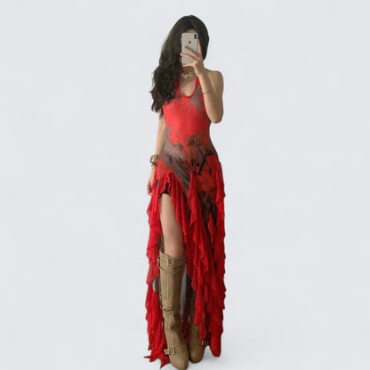 Red Floral Ruffle Midi Dress Y2K Midi Dress