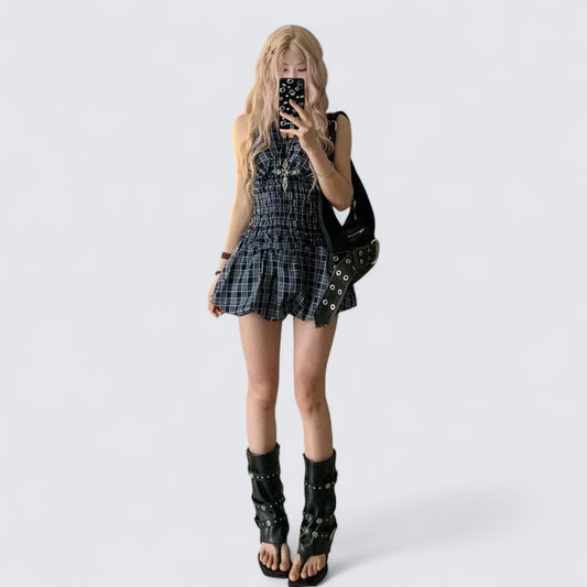 Blue White Check Sleeveless Playsuit Y2K Mini Dress