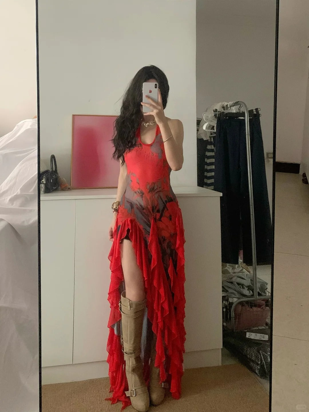 Red Floral Ruffle Midi Dress Y2K Midi Dress